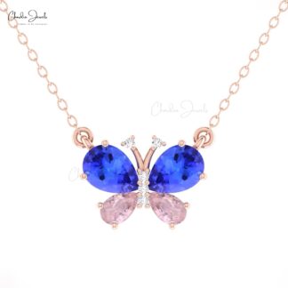 Real 14k Gold Diamond Necklace With 7x5mm Tanzanite & Morganite Papillion Chain Necklace