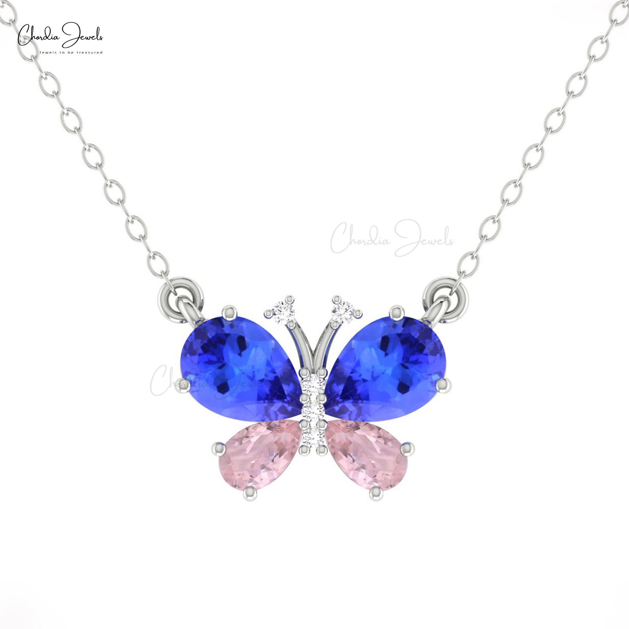 Real 14k Gold Diamond Necklace With 7x5mm Tanzanite & Morganite Papillion Chain Necklace