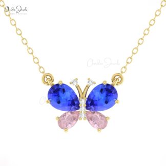 Real 14k Gold Diamond Necklace With 7x5mm Tanzanite & Morganite Papillion Chain Necklace