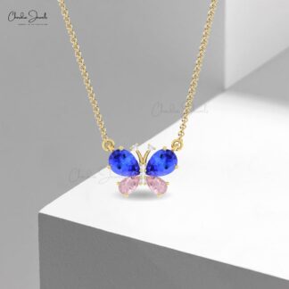 Real 14k Gold Diamond Necklace With 7x5mm Tanzanite & Morganite Papillion Chain Necklace
