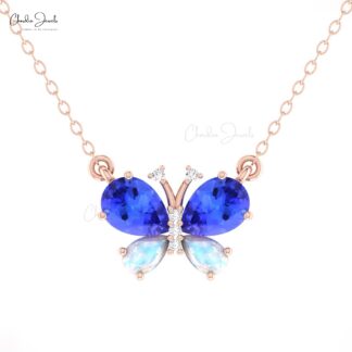 Pure 14k Gold Papillion Diamond Necklace With 7x5mm Tanzanite And Moonstone Women Necklace