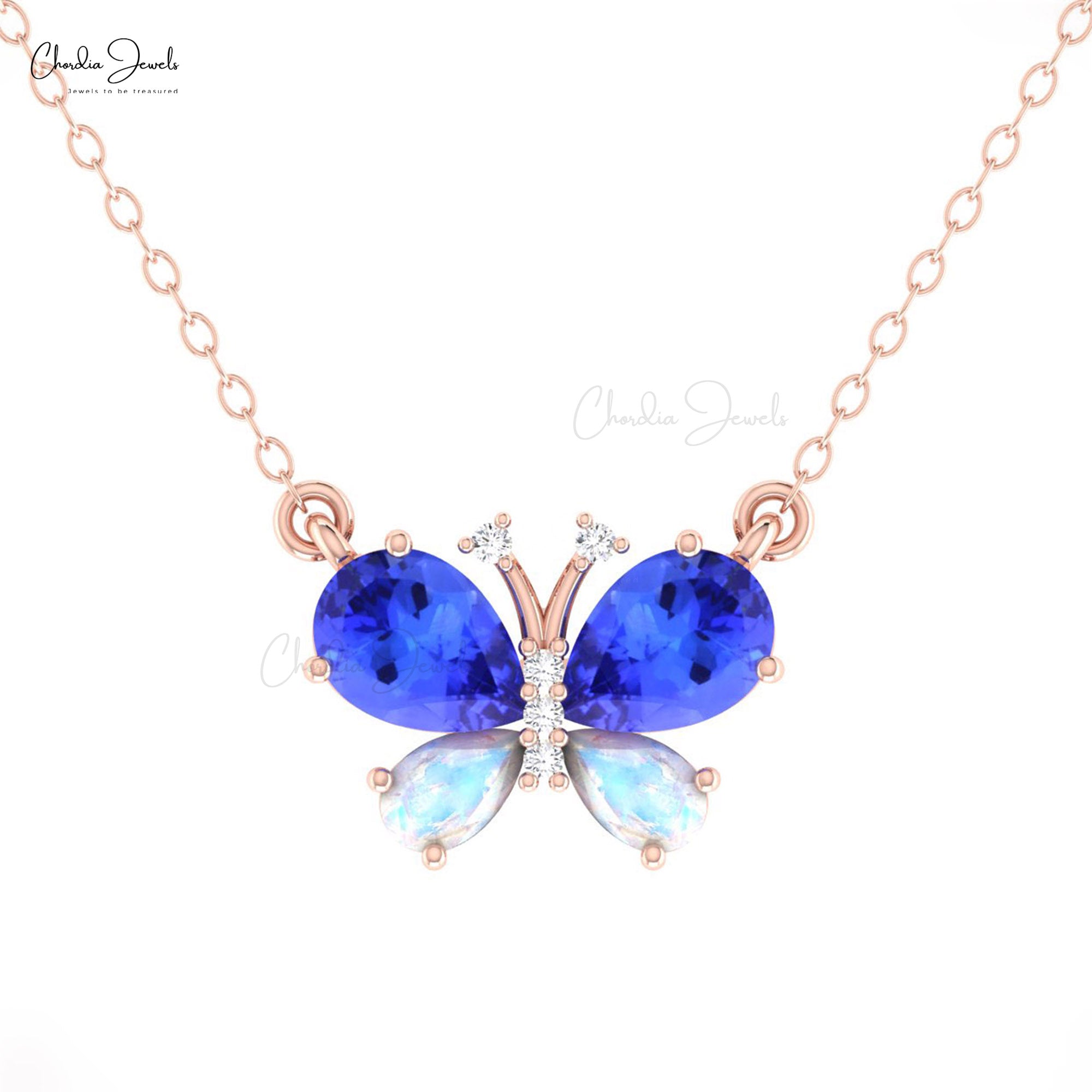 Pure 14k Gold Papillion Diamond Necklace With 7x5mm Tanzanite And Moonstone Women Necklace