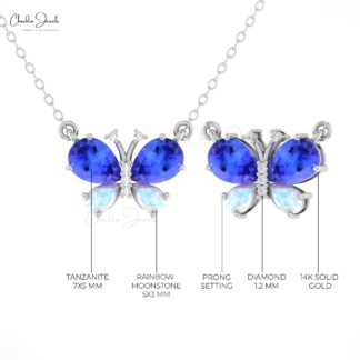 Pure 14k Gold Papillion Diamond Necklace With 7x5mm Tanzanite And Moonstone Women Necklace