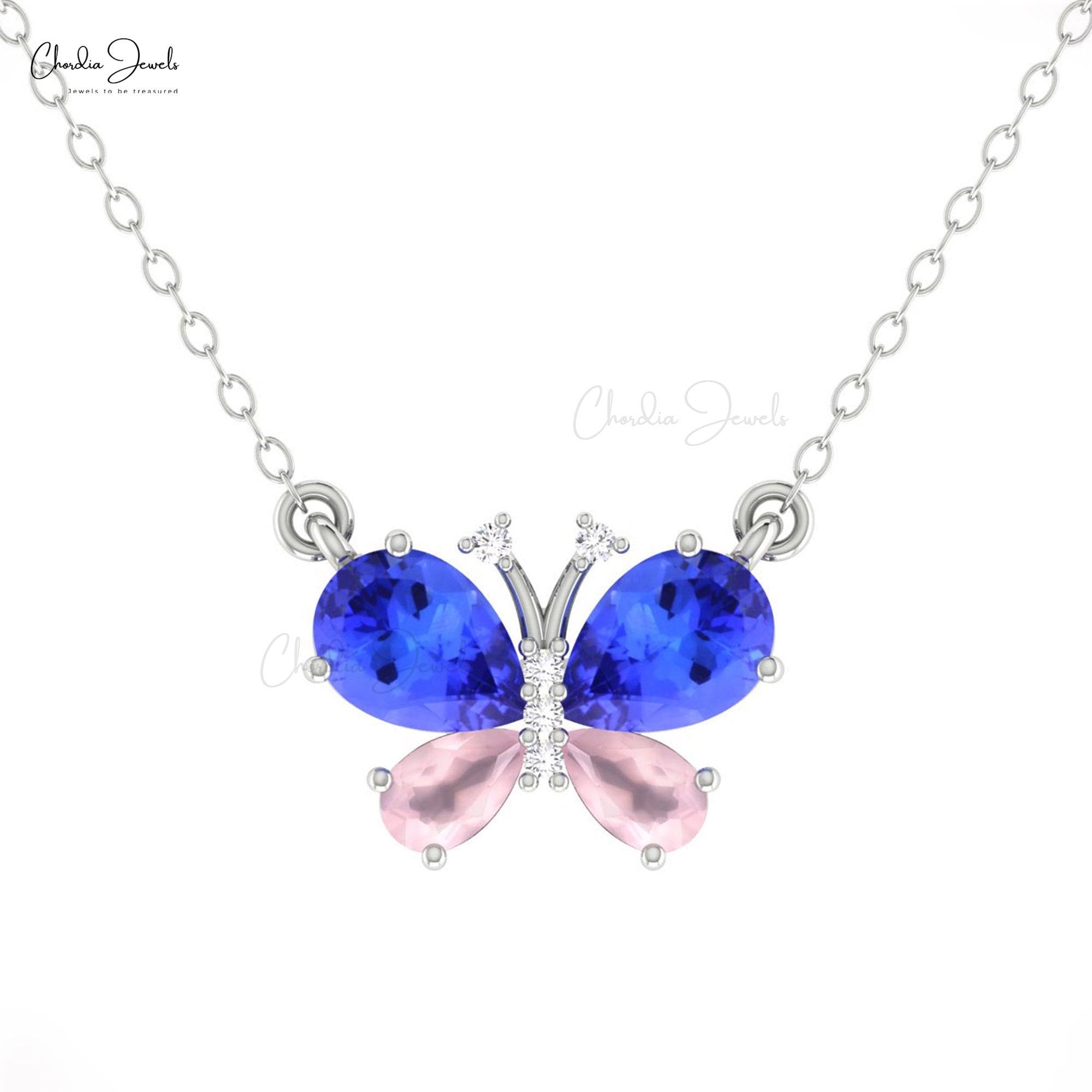 Gemstone Butterfly Necklace In 14k Real Gold Tanzanite And Rosequartz Diamond Necklaces