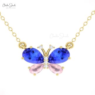 Gemstone Butterfly Necklace In 14k Real Gold Tanzanite And Rosequartz Diamond Necklaces