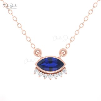 Bezel Set Marquise Necklace With 7x3.5mm Blue Saphire Dainty Diamond 14k Gold Fine Jewelry