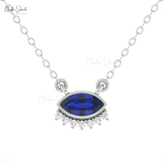 Bezel Set Marquise Necklace With 7×3.5mm Blue Saphire Dainty Diamond 14k Gold Fine Jewelry