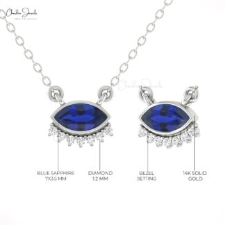 Bezel Set Marquise Necklace With 7×3.5mm Blue Saphire Dainty Diamond 14k Gold Fine Jewelry