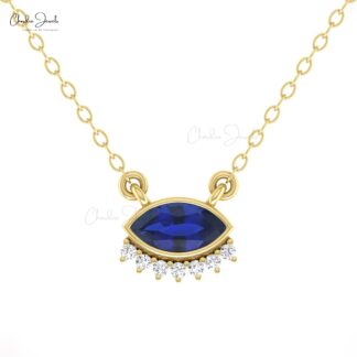 Bezel Set Marquise Necklace With 7×3.5mm Blue Saphire Dainty Diamond 14k Gold Fine Jewelry