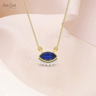 Bezel Set Marquise Necklace With 7×3.5mm Blue Saphire Dainty Diamond 14k Gold Fine Jewelry