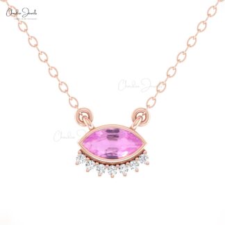 Dainty Evil Eye Style Necklace In Real 14k Gold Pink Sapphire And Diamond Women Necklaces