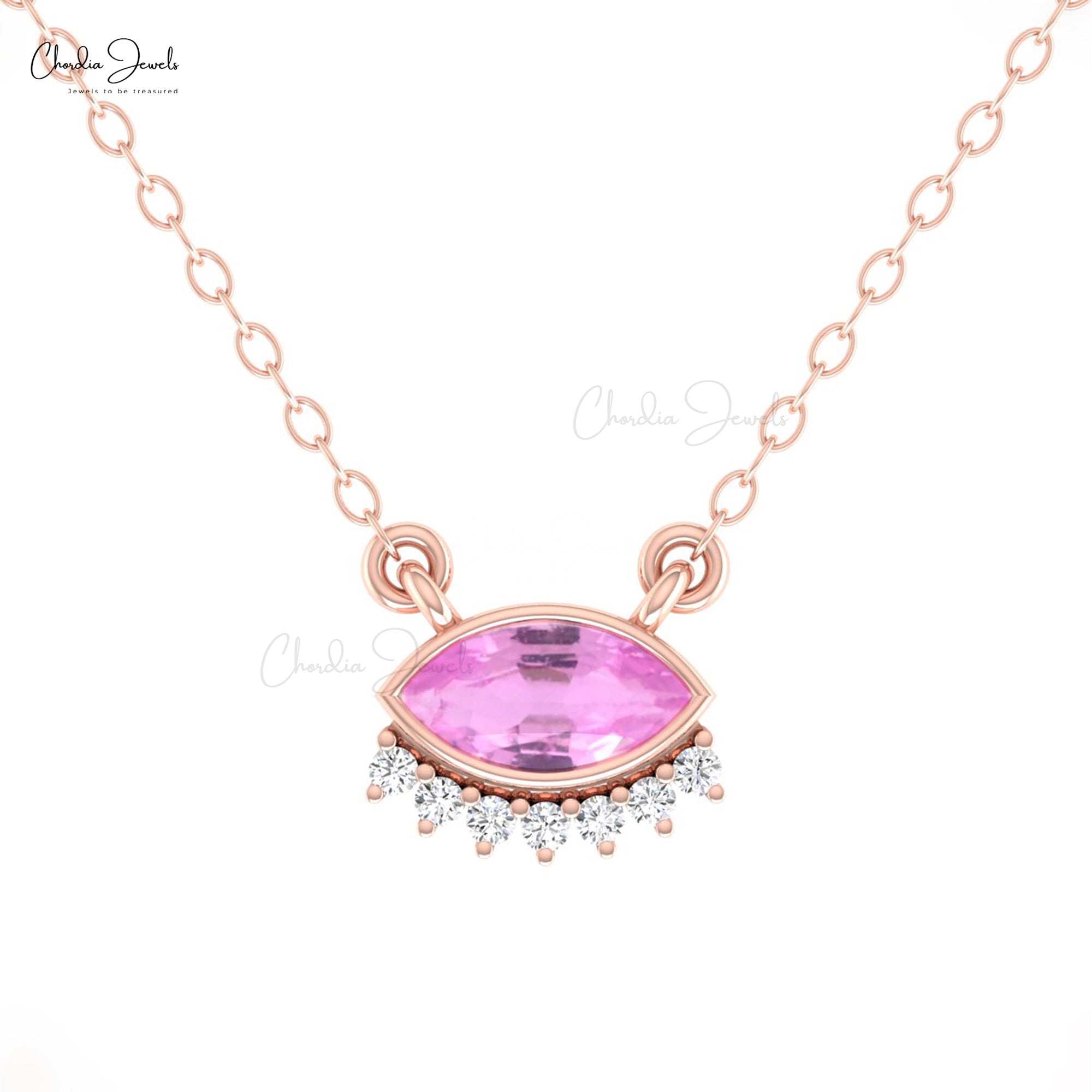 Dainty Evil Eye Style Necklace In Real 14k Gold Pink Sapphire And Diamond Women Necklaces