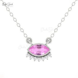 Dainty Evil Eye Style Necklace In Real 14k Gold Pink Sapphire And Diamond Women Necklaces