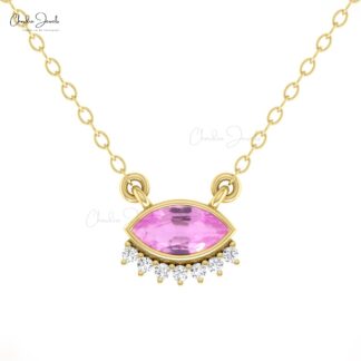 Dainty Evil Eye Style Necklace In Real 14k Gold Pink Sapphire And Diamond Women Necklaces