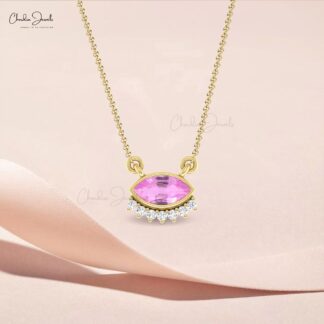 Dainty Evil Eye Style Necklace In Real 14k Gold Pink Sapphire And Diamond Women Necklaces