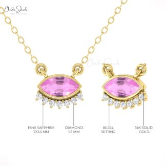 Dainty Evil Eye Style Necklace In Real 14k Gold Pink Sapphire And Diamond Women Necklaces
