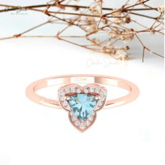 Gemstone Engagement Ring In Pure 14k Gold Aquamarine Halo Diamond Rings For Her