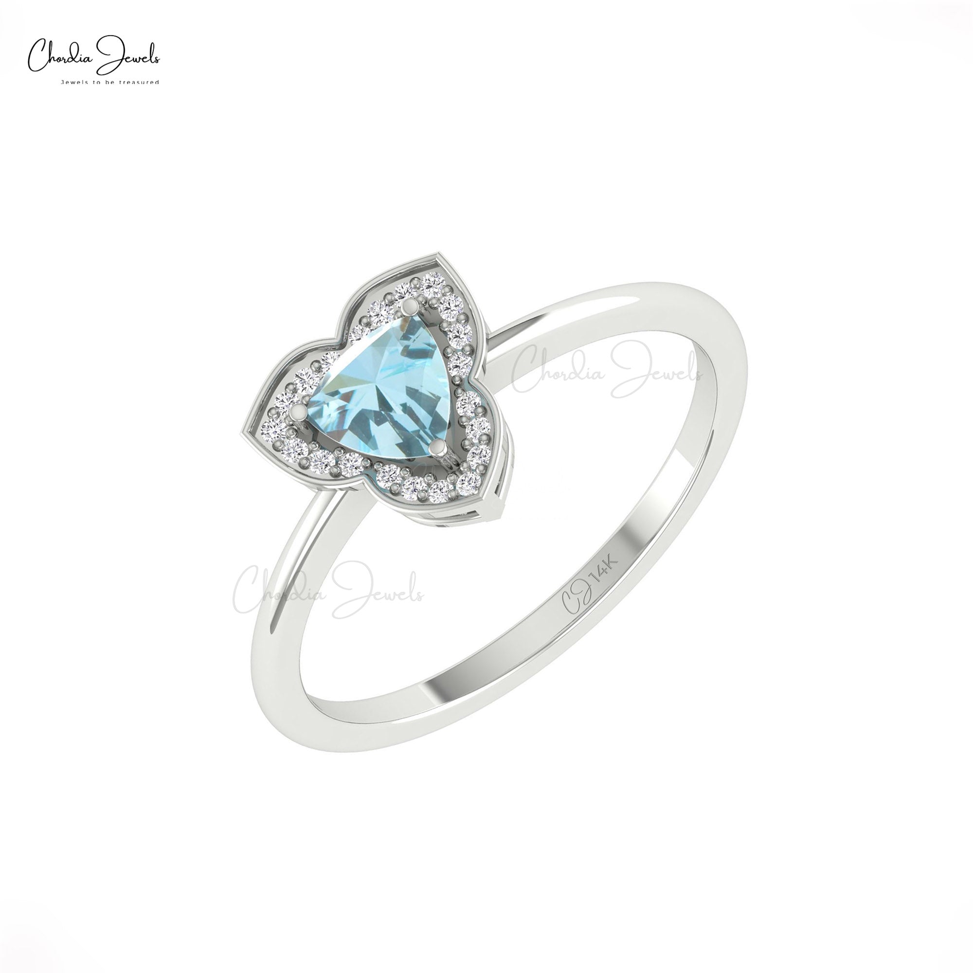 Gemstone Engagement Ring In Pure 14k Gold Aquamarine Halo Diamond Rings For Her