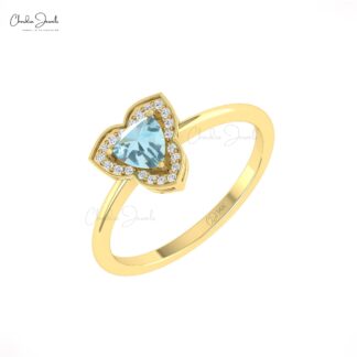 Gemstone Engagement Ring In Pure 14k Gold Aquamarine Halo Diamond Rings For Her