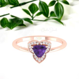 Natural Amethyst Halo Ring With 5mm Gemstone And Diamond Pave In 14k Pure Gold Rings