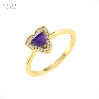 Natural Amethyst Halo Ring With 5mm Gemstone And Diamond Pave In 14k Pure Gold Rings