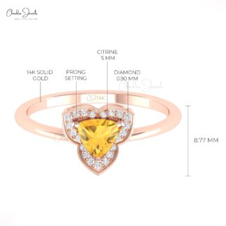 Trillion Halo Diamond Ring With 5mm Citrine November Birthstone Rings In 14k Real Gold