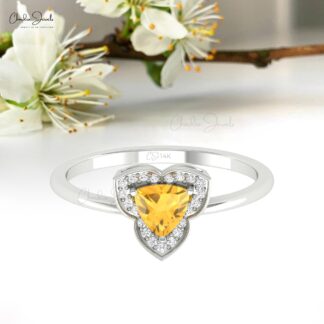 Trillion Halo Diamond Ring With 5mm Citrine November Birthstone Rings In 14k Real Gold
