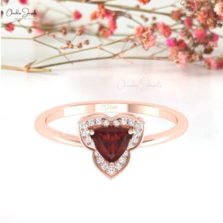 Dainty Diamond Halo Ring In Solid 14k Gold Red Garnet January Birthstone Wedding Jewelry