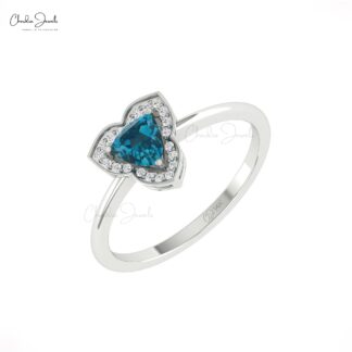 Real 14k Gold Halo Ring With 0.42 Ct Trillion London Blue Topaz Diamond Hallmarked Rings