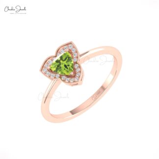 AAA Peridot Halo Diamond Ring With 5mm Gemstone Prong Set In 14k Solid Gold Fine Jewelry