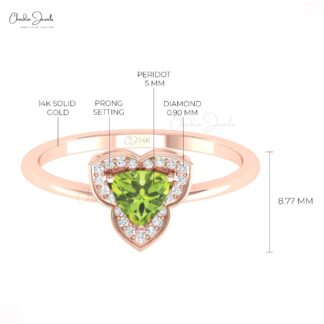 AAA Peridot Halo Diamond Ring With 5mm Gemstone Prong Set In 14k Solid Gold Fine Jewelry
