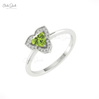 AAA Peridot Halo Diamond Ring With 5mm Gemstone Prong Set In 14k Solid Gold Fine Jewelry