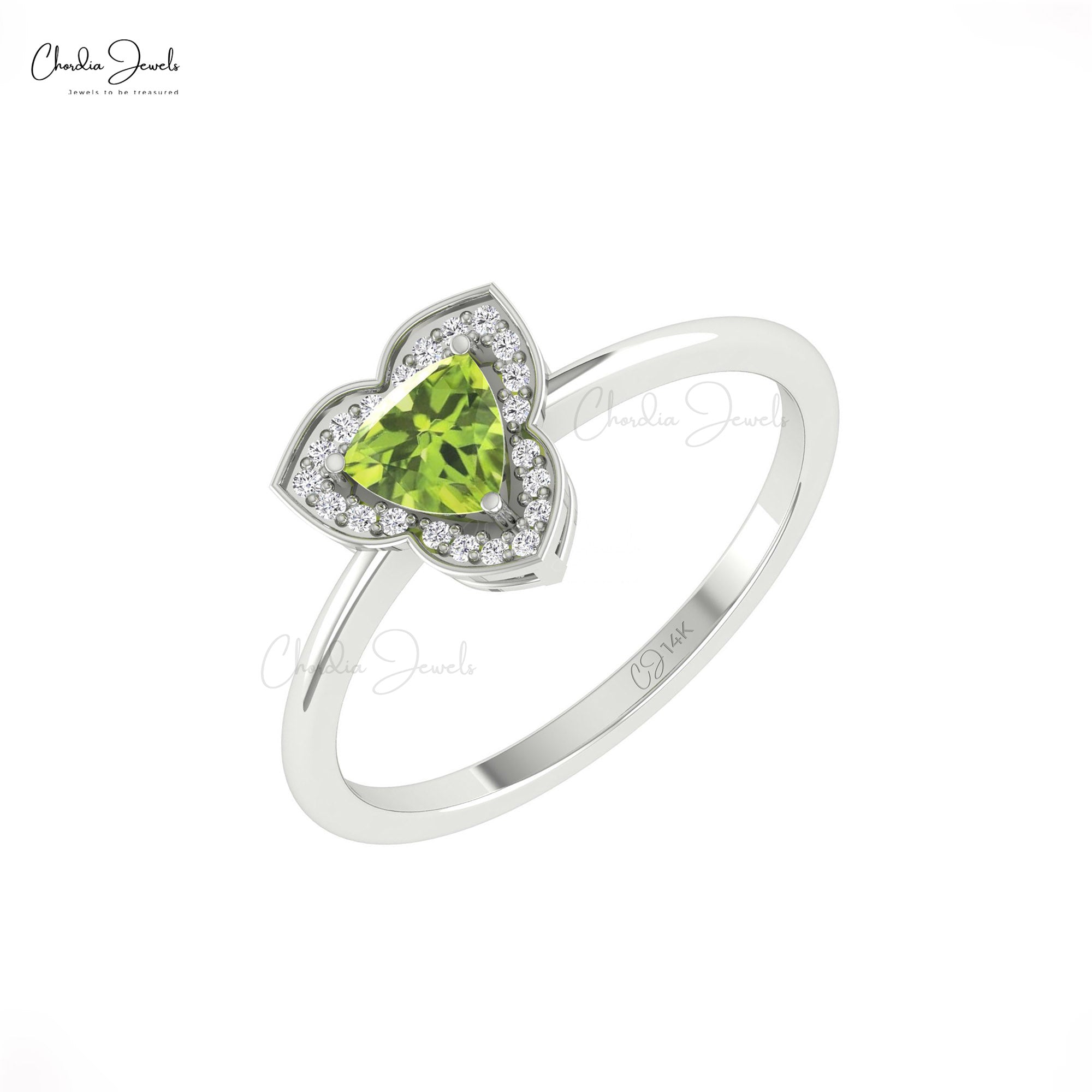 AAA Peridot Halo Diamond Ring With 5mm Gemstone Prong Set In 14k Solid Gold Fine Jewelry