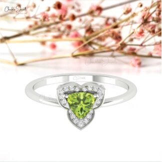 AAA Peridot Halo Diamond Ring With 5mm Gemstone Prong Set In 14k Solid Gold Fine Jewelry