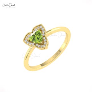 AAA Peridot Halo Diamond Ring With 5mm Gemstone Prong Set In 14k Solid Gold Fine Jewelry