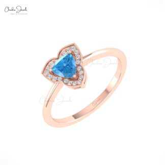 Triangle Swiss Blue Topaz Halo Ring With Pave Diamond 14k Solid Gold Engagement Rings