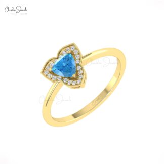 Triangle Swiss Blue Topaz Halo Ring With Pave Diamond 14k Solid Gold Engagement Rings