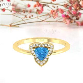 Triangle Swiss Blue Topaz Halo Ring With Pave Diamond 14k Solid Gold Engagement Rings