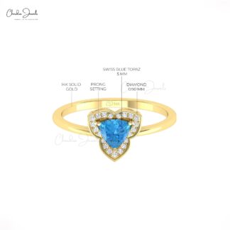 Triangle Swiss Blue Topaz Halo Ring With Pave Diamond 14k Solid Gold Engagement Rings