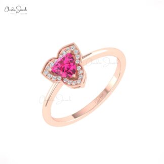Halo Diamond Women Ring With 5mm Pink Tourmaline Prong Set In 14k Real Gold Rings