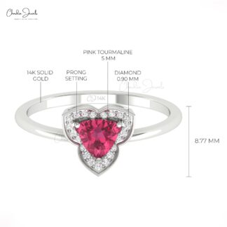 Halo Diamond Women Ring With 5mm Pink Tourmaline Prong Set In 14k Real Gold Rings