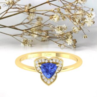 Trillion Cut Halo Wedding Ring In Solid 14k Gold Tanzanite And Diamond Promise Rings