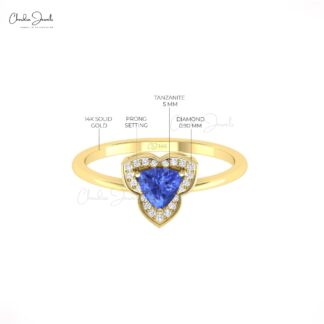 Trillion Cut Halo Wedding Ring In Solid 14k Gold Tanzanite And Diamond Promise Rings
