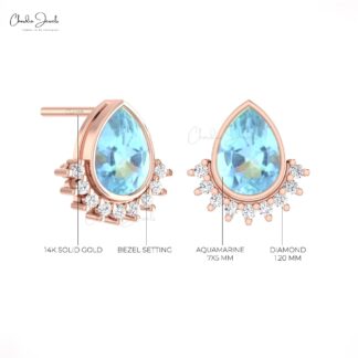 Teardrop Flare Earrings With 7x5mm Aquamarine Diamond Accents In 14k Solid Gold Jewelry
