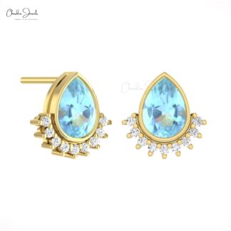 Teardrop Flare Earrings With 7x5mm Aquamarine Diamond Accents In 14k Solid Gold Jewelry