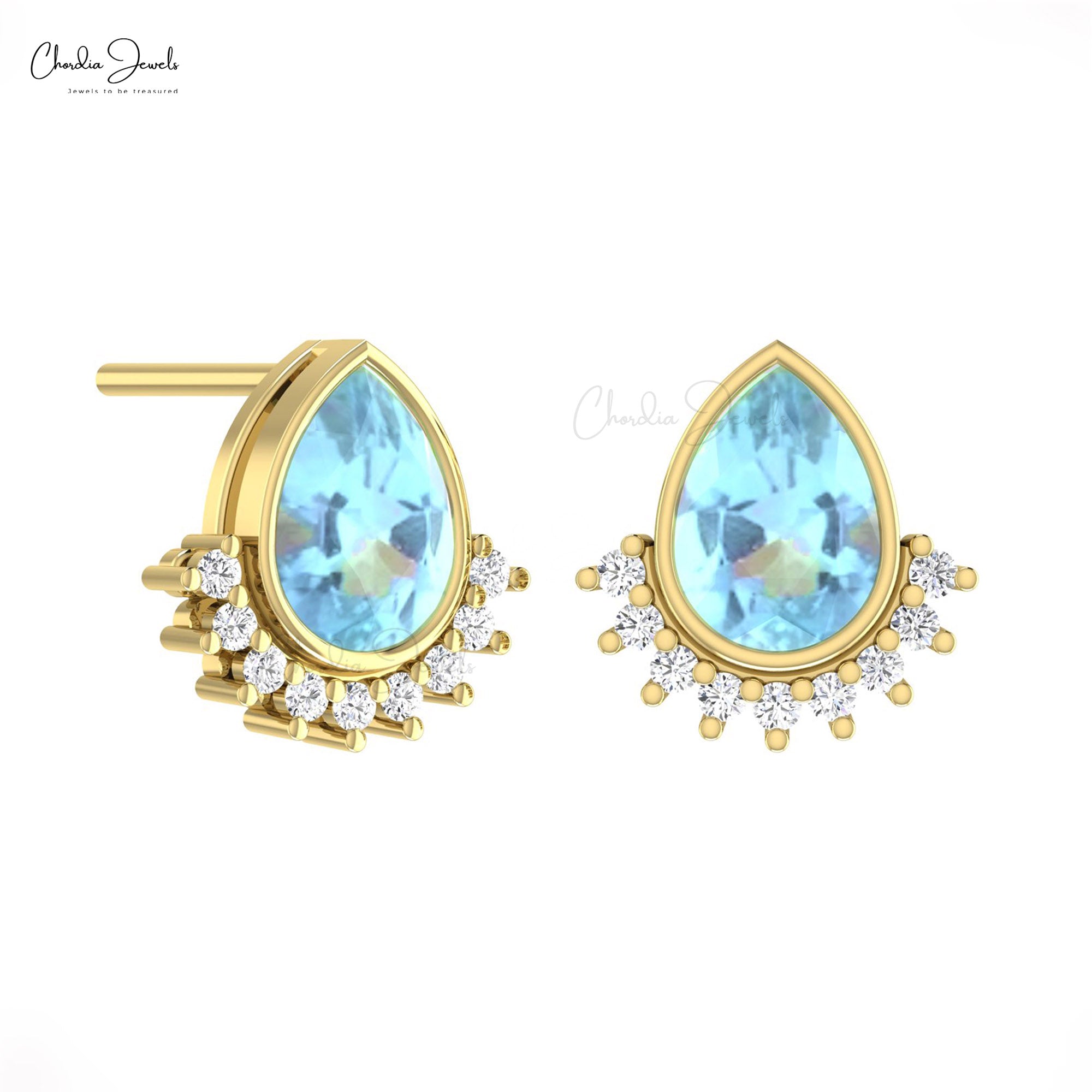 Teardrop Flare Earrings With 7x5mm Aquamarine Diamond Accents In 14k Solid Gold Jewelry