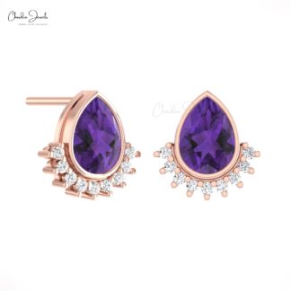 Genuine Amethyst Flare Studs In 14k Pure Gold Diamond Push Back Hallmark Earrings