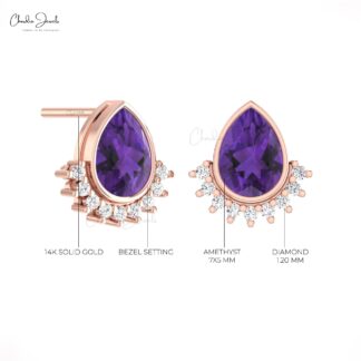 Genuine Amethyst Flare Studs In 14k Pure Gold Diamond Push Back Hallmark Earrings