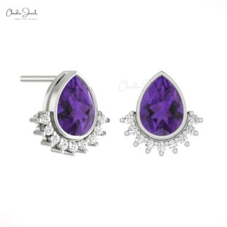 Genuine Amethyst Flare Studs In 14k Pure Gold Diamond Push Back Hallmark Earrings