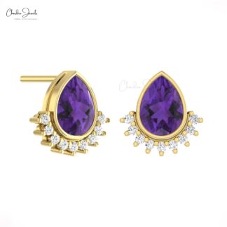 Genuine Amethyst Flare Studs In 14k Pure Gold Diamond Push Back Hallmark Earrings